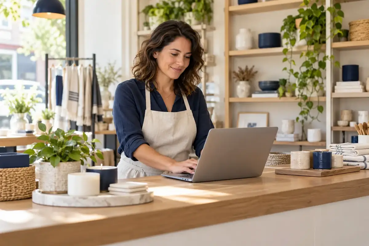 Illustration of a small-business owner working at a laptop in her shop